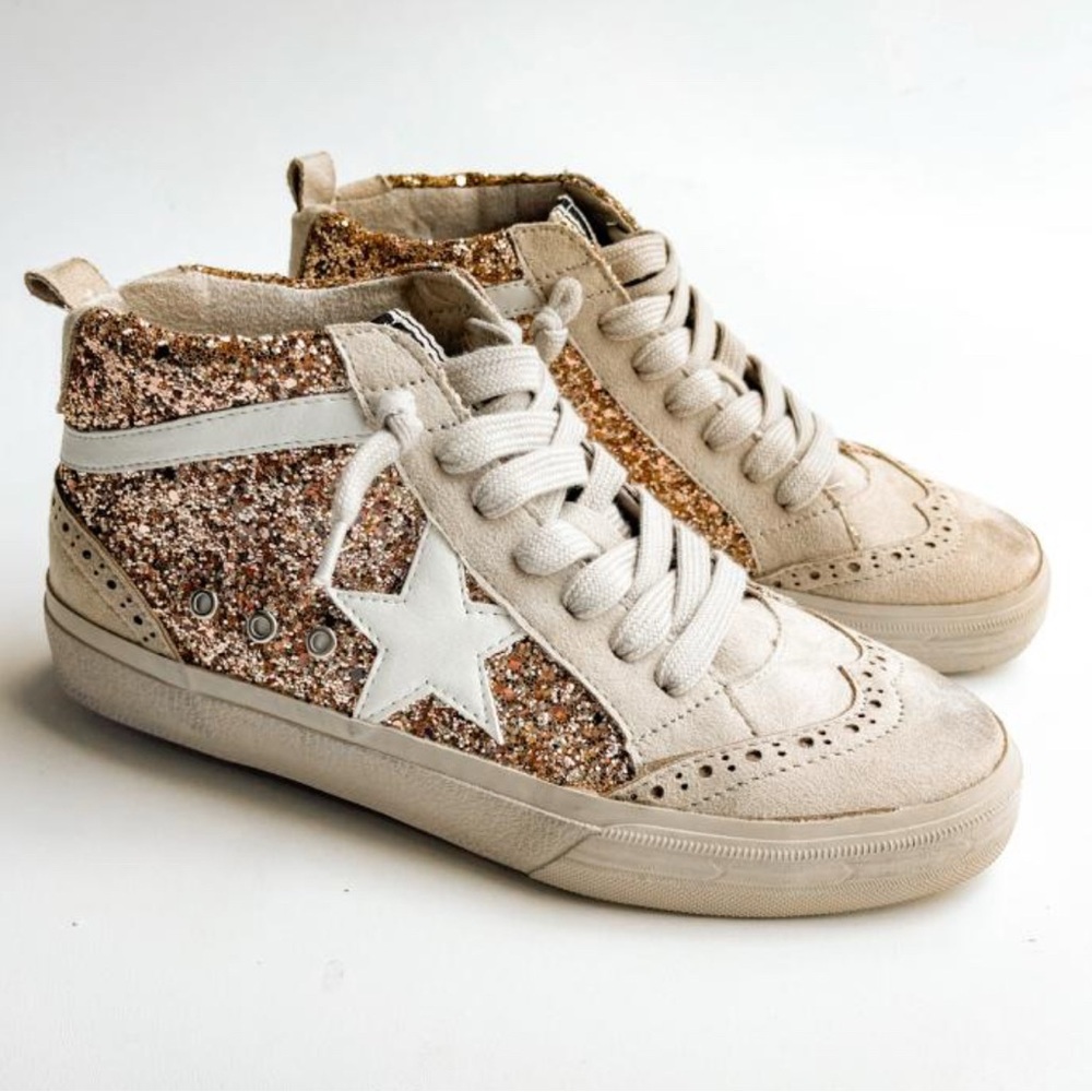 Rose gold glitter high tops: SHU SHOP